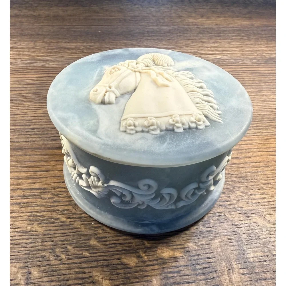 Vintage‎ Incolay Stone Trinket Box: Blue Horse Cameo Jewelry Box
